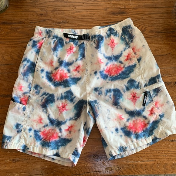Stussy Other - Stussy Tie Dye Shorts Men’s Blue & Red Belted Lined Swim Trunks Beach Size Large